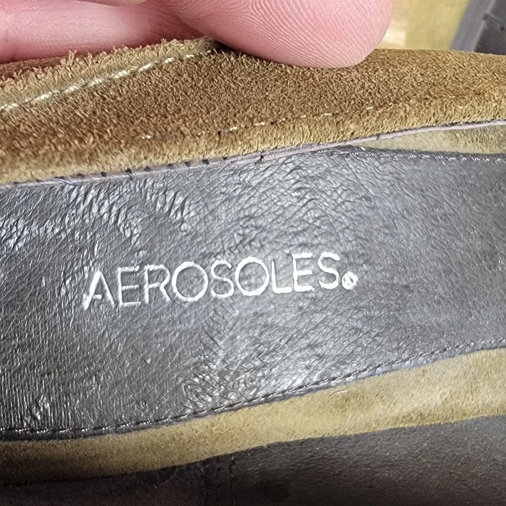 Aerosoles Suede Leather Wedge‎ Loafers Olive Buckle Comfort Heels Women's 5.5